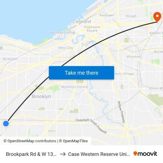Brookpark Rd & W 130th St to Case Western Reserve University map