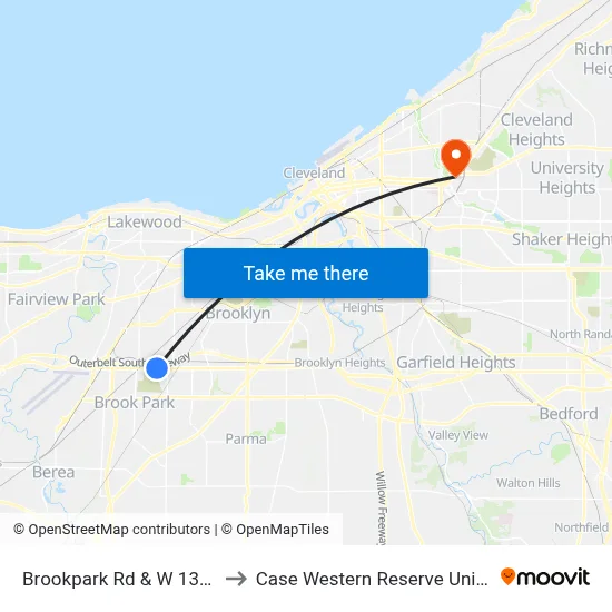 Brookpark Rd & W 139th St to Case Western Reserve University map