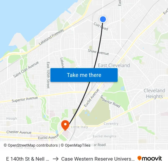 E 140th St & Nell Av to Case Western Reserve University map