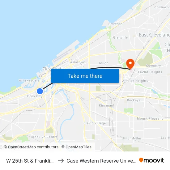 W 25th St & Franklin Av to Case Western Reserve University map