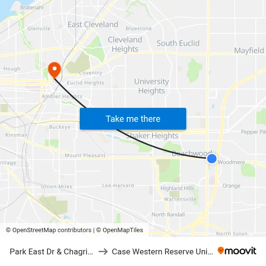 Park East Dr & Chagrin Blvd to Case Western Reserve University map