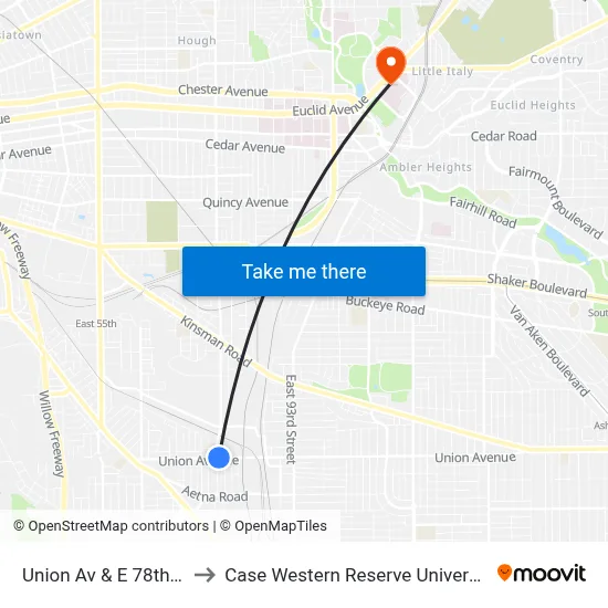 Union Av & E 78th St to Case Western Reserve University map