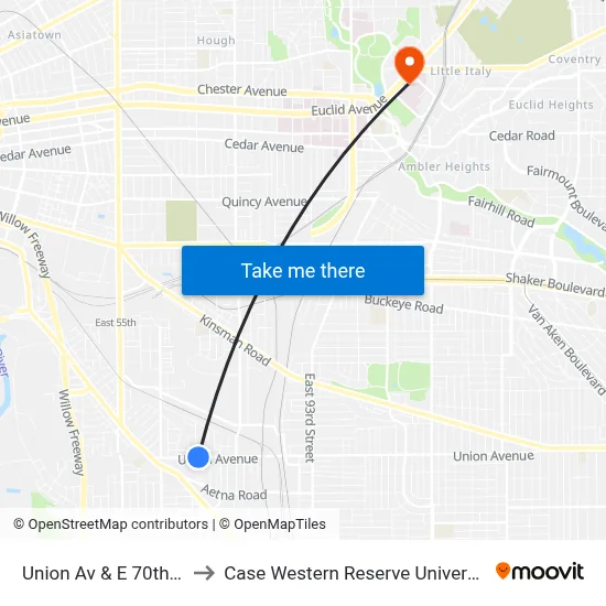 Union Av & E 70th St to Case Western Reserve University map