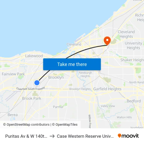 Puritas Av & W 140th St to Case Western Reserve University map