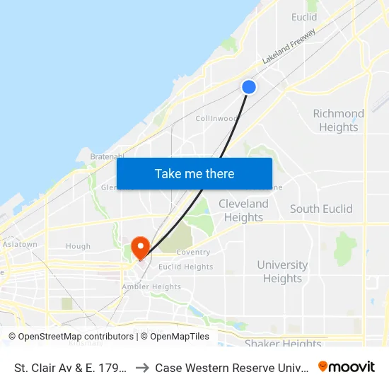 St. Clair Av & E. 179th St to Case Western Reserve University map