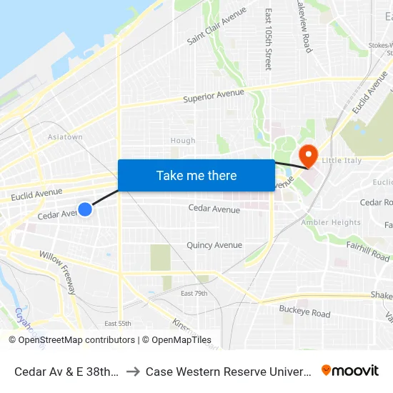 Cedar Av & E 38th St to Case Western Reserve University map