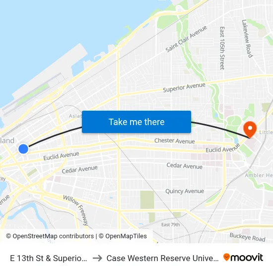 E 13th St & Superior Av to Case Western Reserve University map