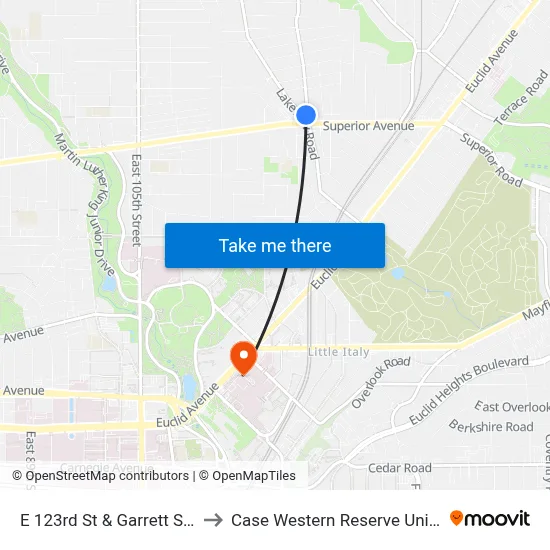 E 123rd St & Garrett Square to Case Western Reserve University map