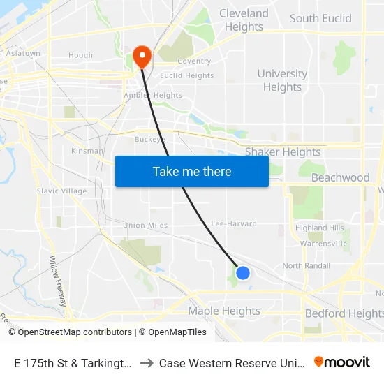 E 175th St & Tarkington Av to Case Western Reserve University map