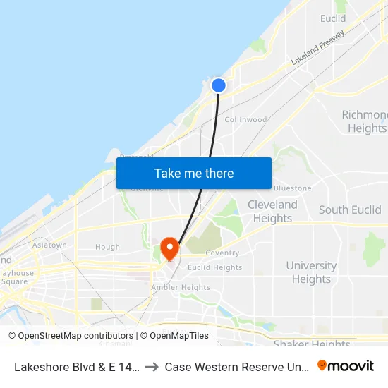 Lakeshore Blvd & E 143rd St to Case Western Reserve University map