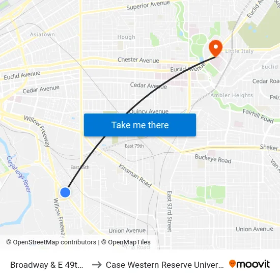Broadway & E 49th St to Case Western Reserve University map