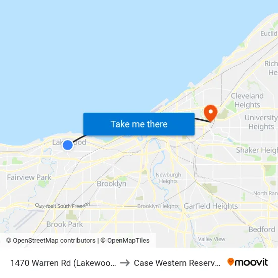 1470 Warren Rd (Lakewood Bd Of Edu) to Case Western Reserve University map