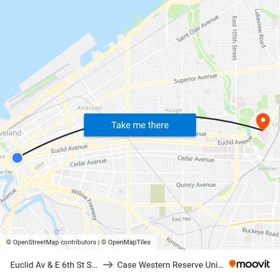 Euclid Av & E 6th St Station to Case Western Reserve University map