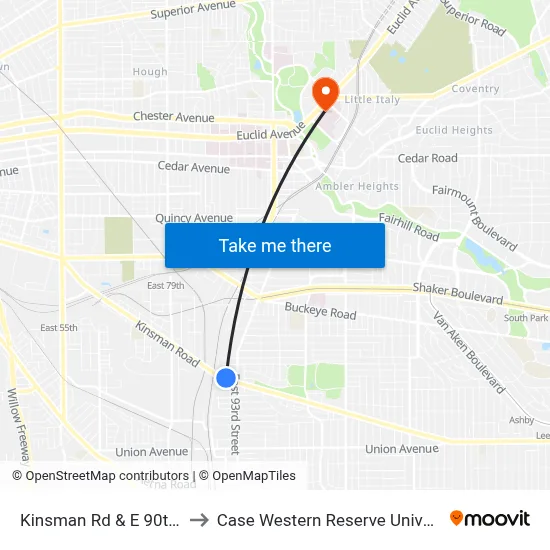 Kinsman Rd & E 90th St to Case Western Reserve University map