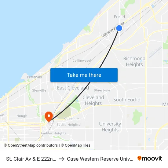 St. Clair Av & E 222nd St to Case Western Reserve University map