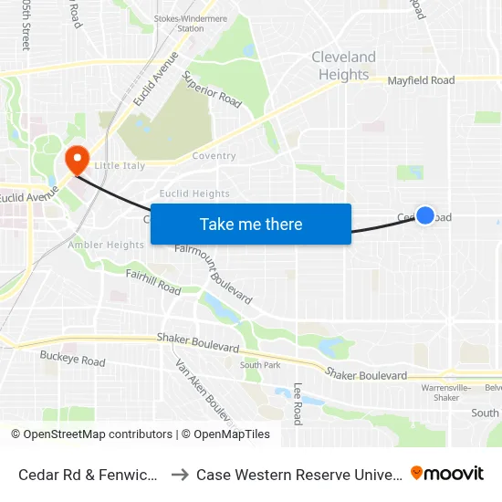 Cedar Rd & Fenwick Rd to Case Western Reserve University map