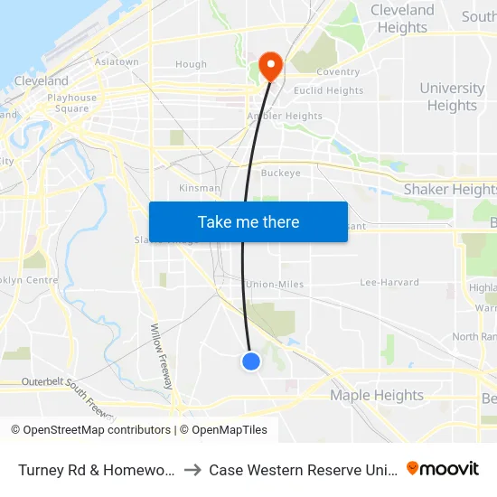 Turney Rd & Homeworth Av to Case Western Reserve University map