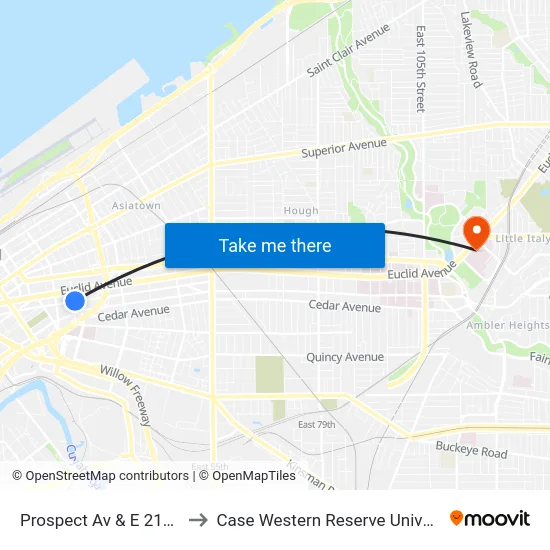 Prospect Av & E 21st St to Case Western Reserve University map