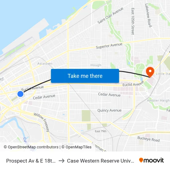 Prospect Av & E 18th St to Case Western Reserve University map