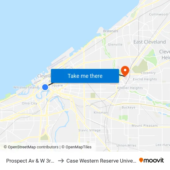 Prospect Av & W 3rd St to Case Western Reserve University map