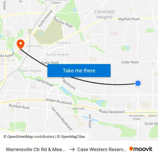 Warrensville Ctr Rd & Meadowbrook Blvd to Case Western Reserve University map