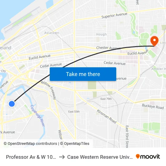 Professor Av & W 10th St to Case Western Reserve University map