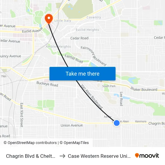 Chagrin Blvd & Chelton Rd to Case Western Reserve University map