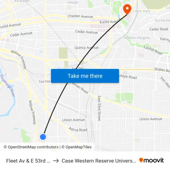 Fleet Av & E 53rd St to Case Western Reserve University map