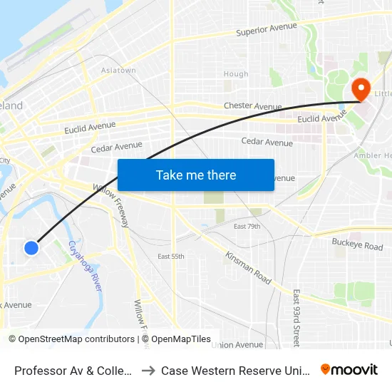Professor Av & College Av to Case Western Reserve University map