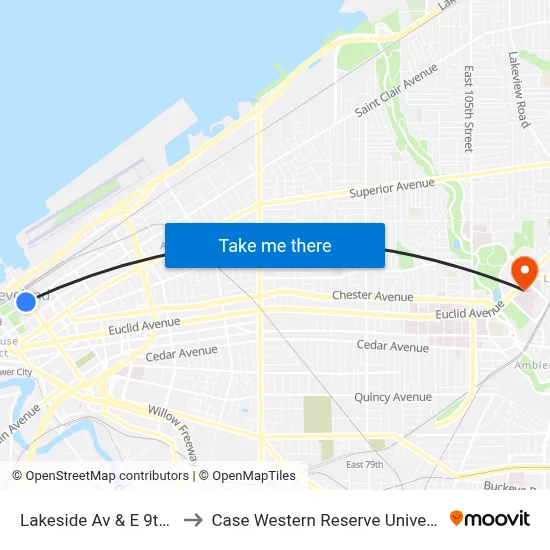 Lakeside Av & E 9th St to Case Western Reserve University map