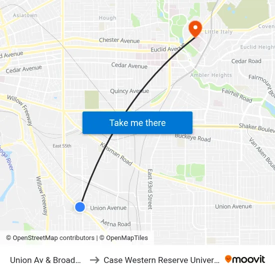 Union Av & Broadway to Case Western Reserve University map