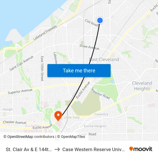 St. Clair Av & E 144th St to Case Western Reserve University map