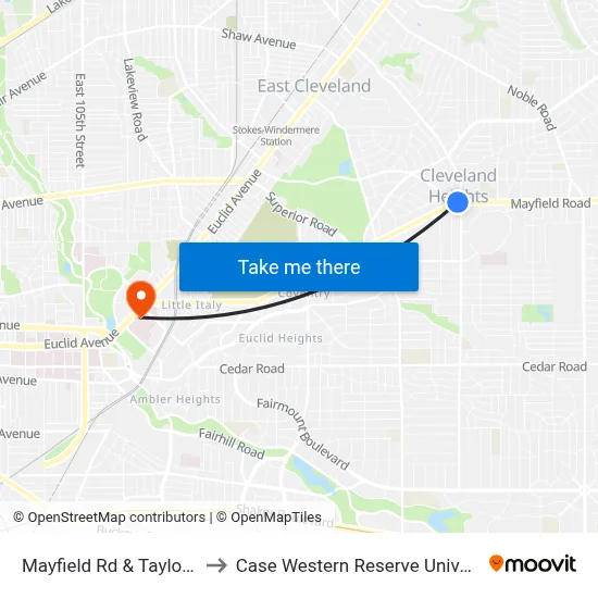 Mayfield Rd & Taylor Rd to Case Western Reserve University map
