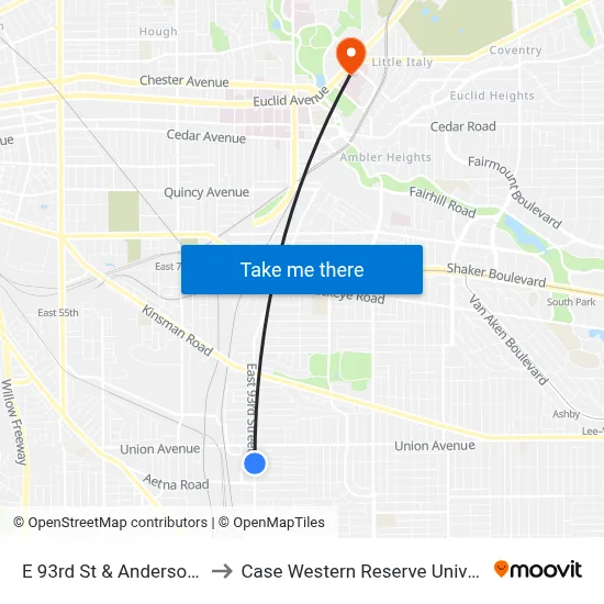 E 93rd St & Anderson Av to Case Western Reserve University map