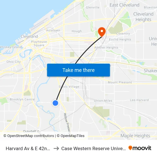 Harvard Av & E 42nd St to Case Western Reserve University map