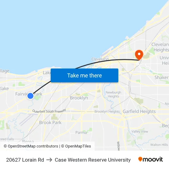 20627 Lorain Rd to Case Western Reserve University map