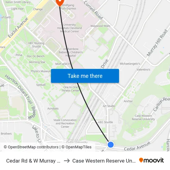 Cedar Rd & W Murray Hill Rd to Case Western Reserve University map