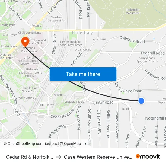 Cedar Rd & Norfolk Rd to Case Western Reserve University map