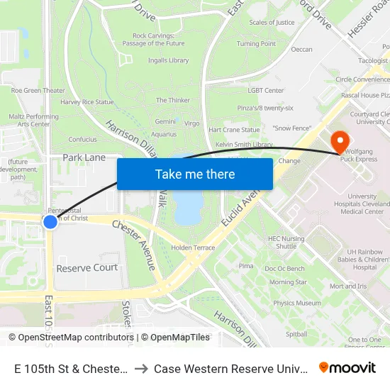 E 105th St & Chester Av to Case Western Reserve University map