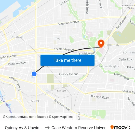 Quincy Av & Unwin Rd to Case Western Reserve University map