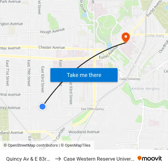 Quincy Av & E 83rd St to Case Western Reserve University map
