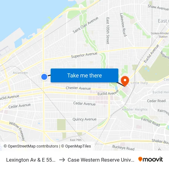 Lexington Av & E 55th St to Case Western Reserve University map