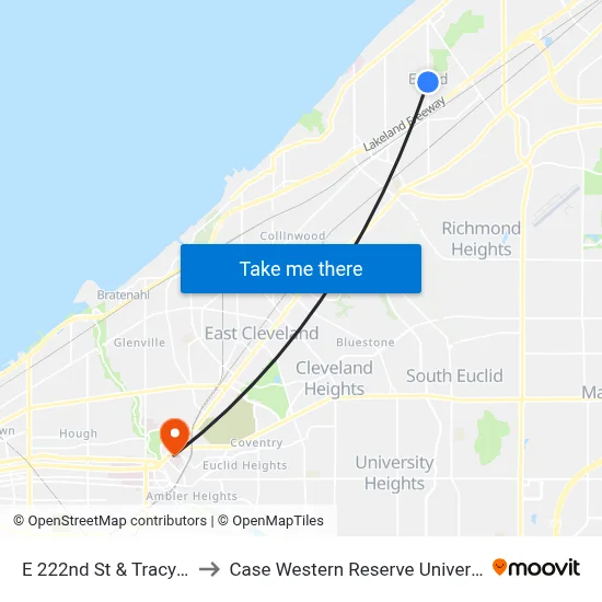 E 222nd St & Tracy Av to Case Western Reserve University map