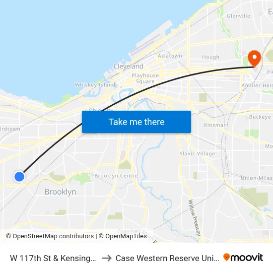 W 117th St & Kensington Av to Case Western Reserve University map