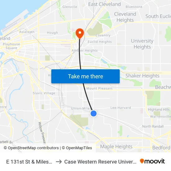 E 131st St & Miles Av to Case Western Reserve University map
