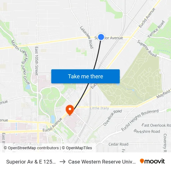 Superior Av & E 125th St to Case Western Reserve University map
