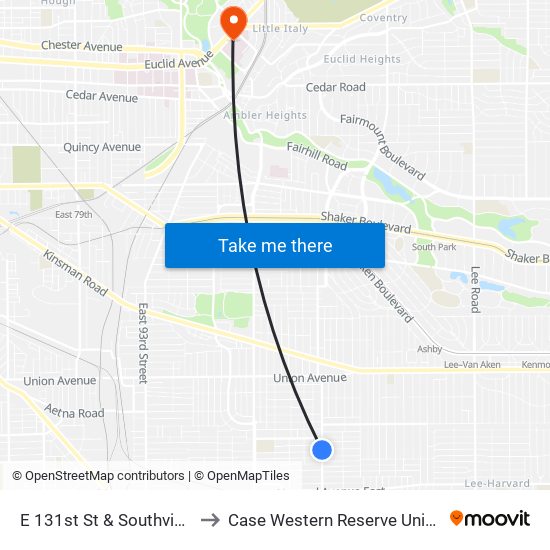 E 131st St & Southview Av to Case Western Reserve University map