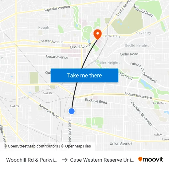 Woodhill Rd & Parkview Av to Case Western Reserve University map