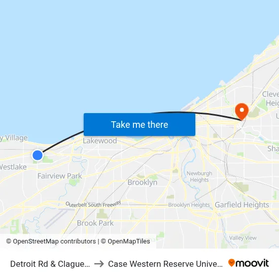 Detroit Rd & Clague Rd to Case Western Reserve University map