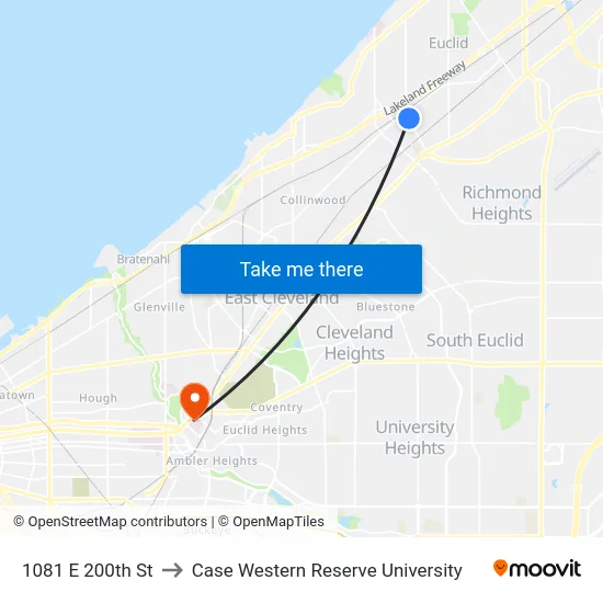 1081 E 200th St to Case Western Reserve University map
